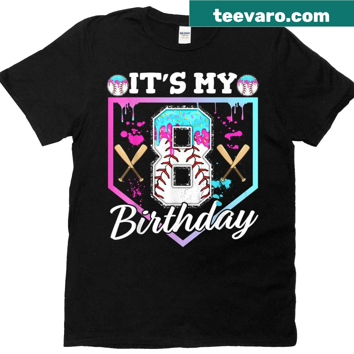 Birthday t-shirt for 8 year old featuring baseball and dripping ice cream — on a men's t-shirt