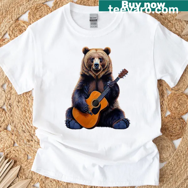 Playful bear illustration playing guitar on an oversized t-shirt.