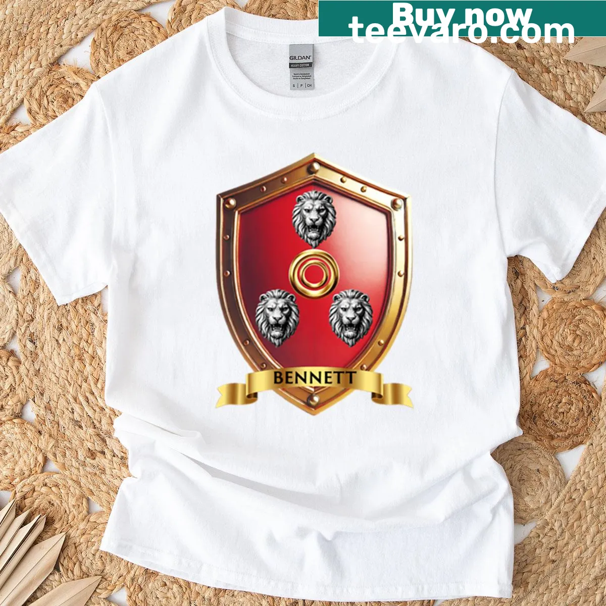 Bennett Family Shield t-shirt with lions and name banner — on a men's t-shirt