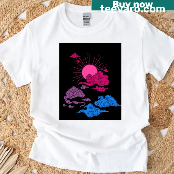 T-shirt with a sun and clouds design representing bisexual pride.