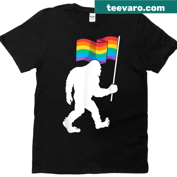 Funny Bigfoot t-shirt with rainbow pride flag design
