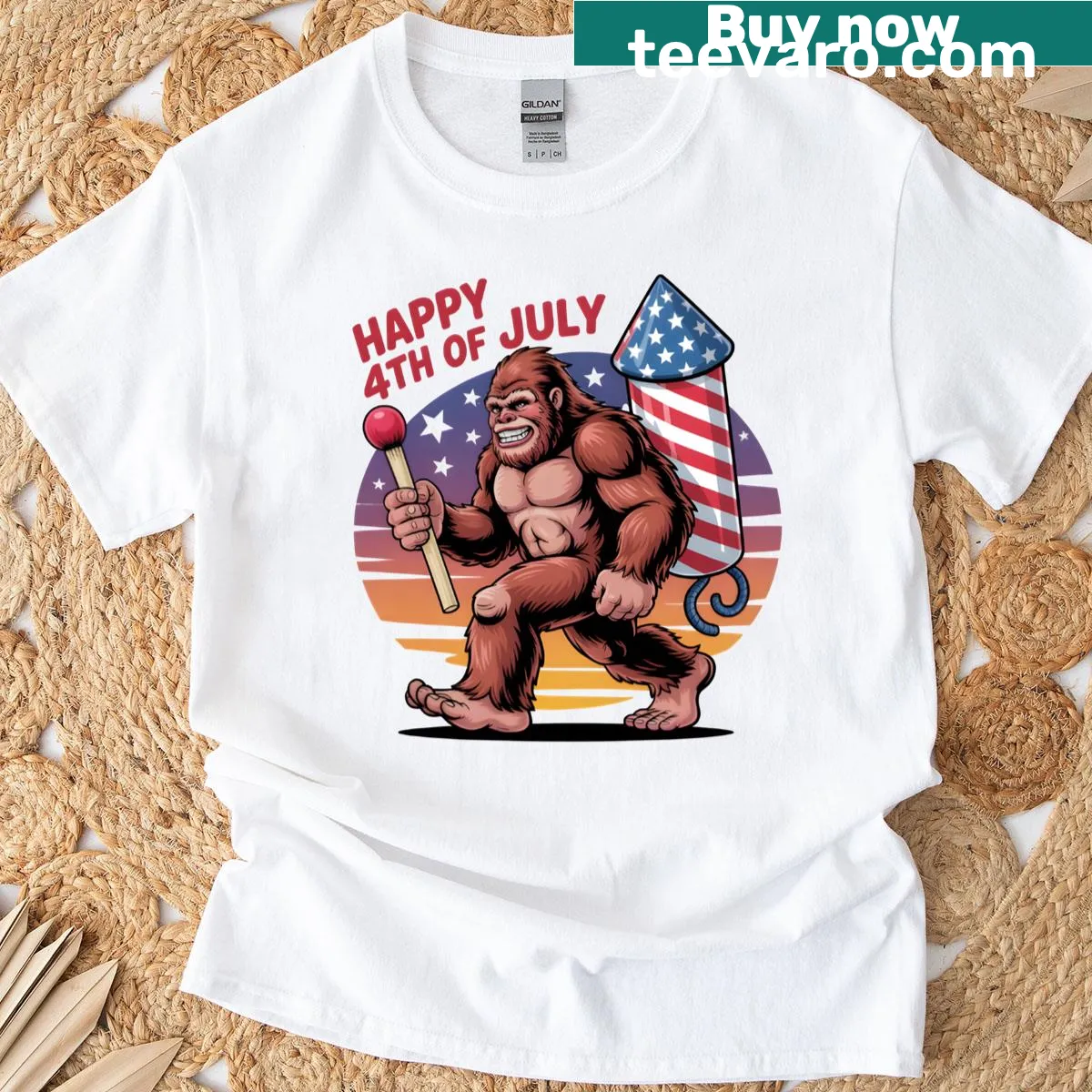 Bigfoot cartoon t-shirt holding a giant firework — on a men's t-shirt