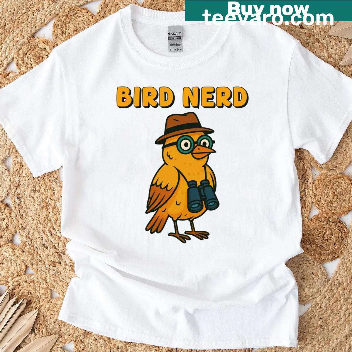 Cartoon graphic t-shirt featuring a bird with binoculars — on a men's t-shirt