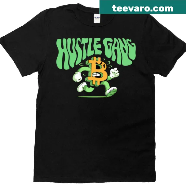 Cartoon Bitcoin Hustle Gang graphic on a t-shirt