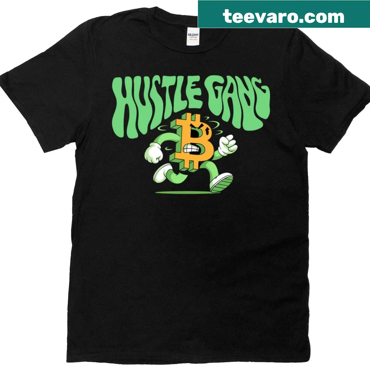 Cartoon Bitcoin Hustle Gang graphic on a t-shirt — on a men's t-shirt