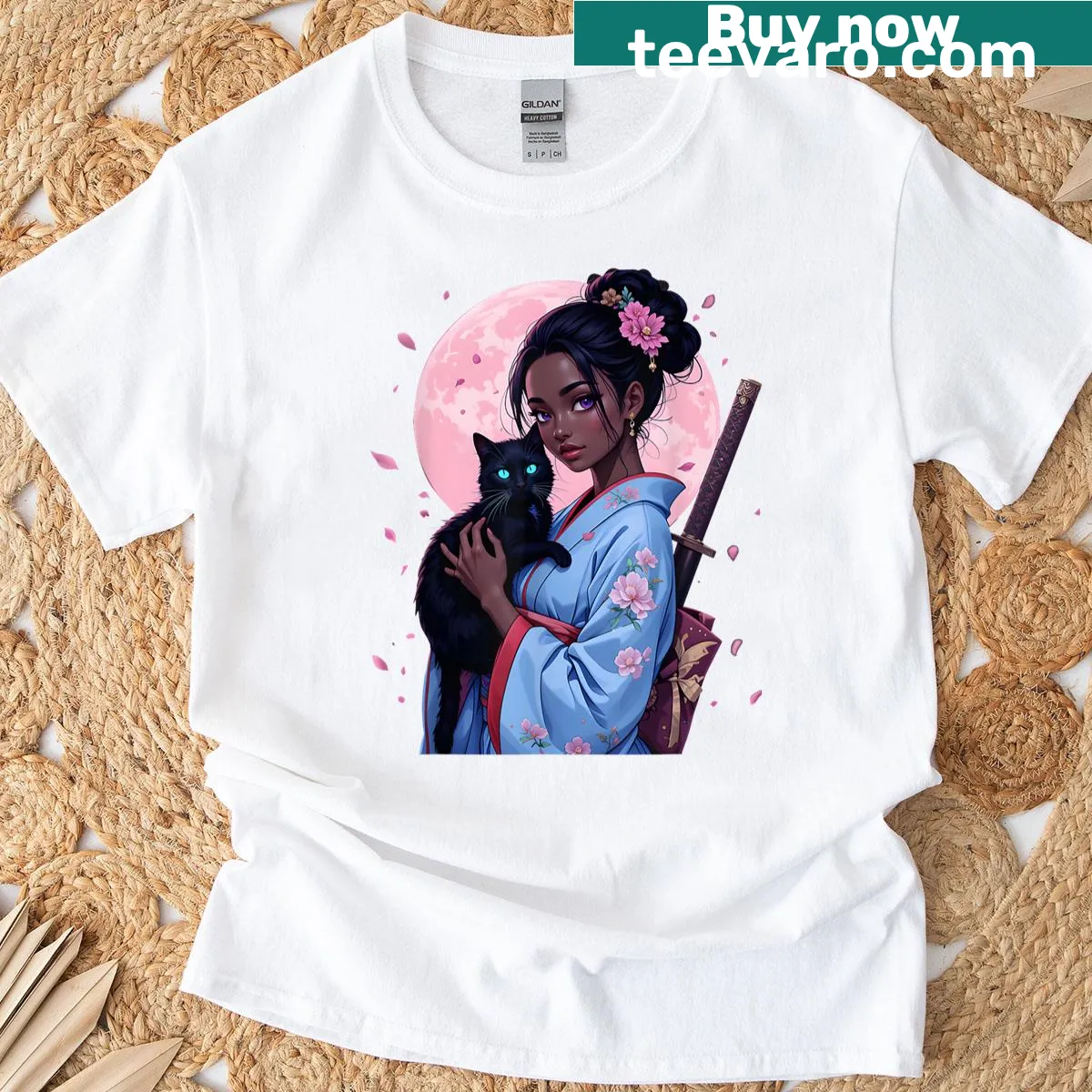 Black Cat t-shirt featuring a black woman samurai girl in anime style — on a men's t-shirt