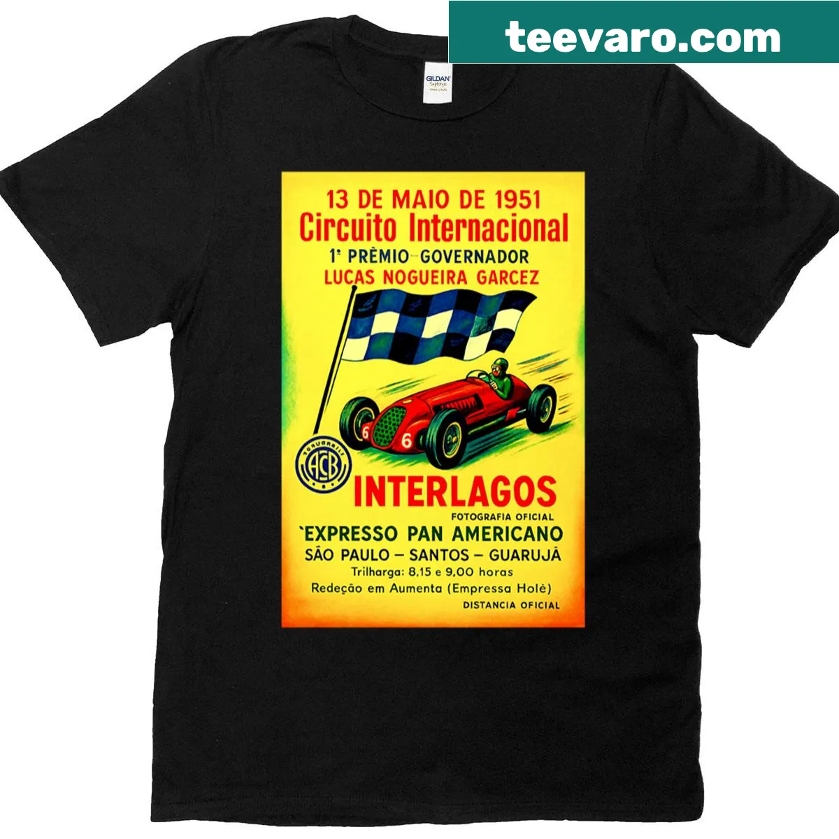 Vintage T-shirt featuring Interlagos Brasil 1951 racing graphic — on a men's t-shirt