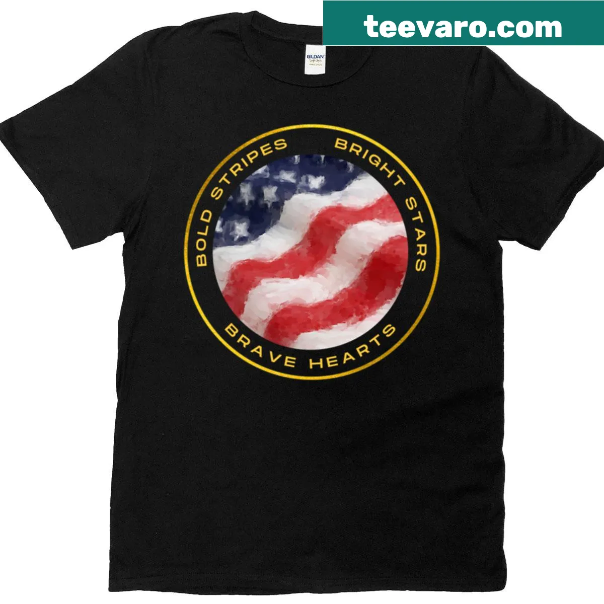 Brave Hearts T-shirt with bold stripes and stars design — on a men's t-shirt