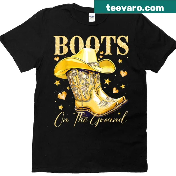 Cowboy and cowgirl-themed T-shirt with dancing boots graphic