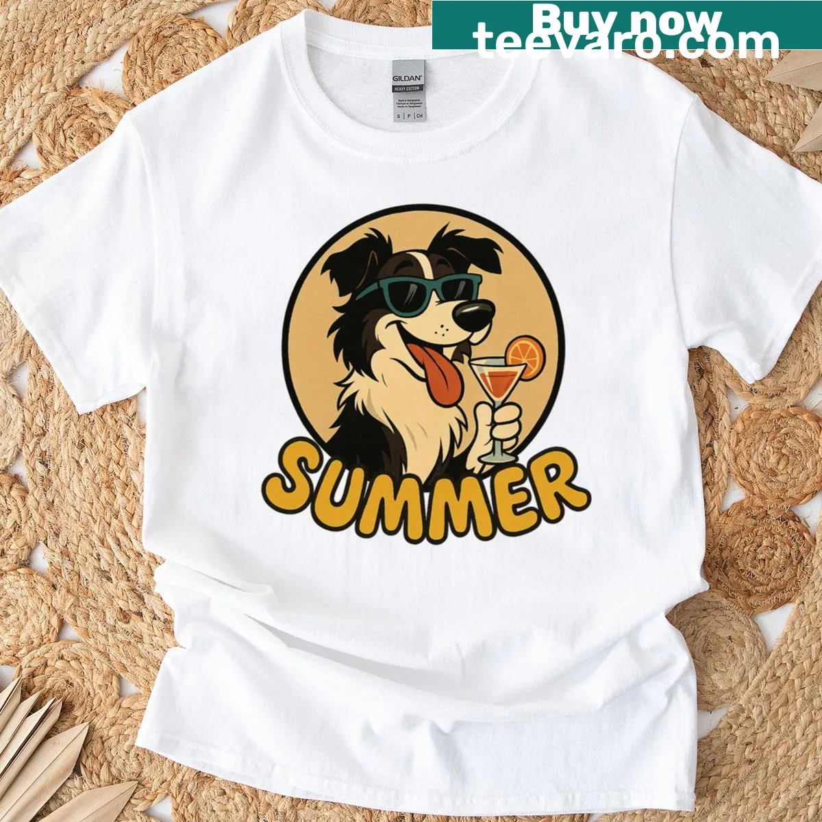 Vintage-style t-shirt featuring a cartoon Border Collie — on a men's t-shirt