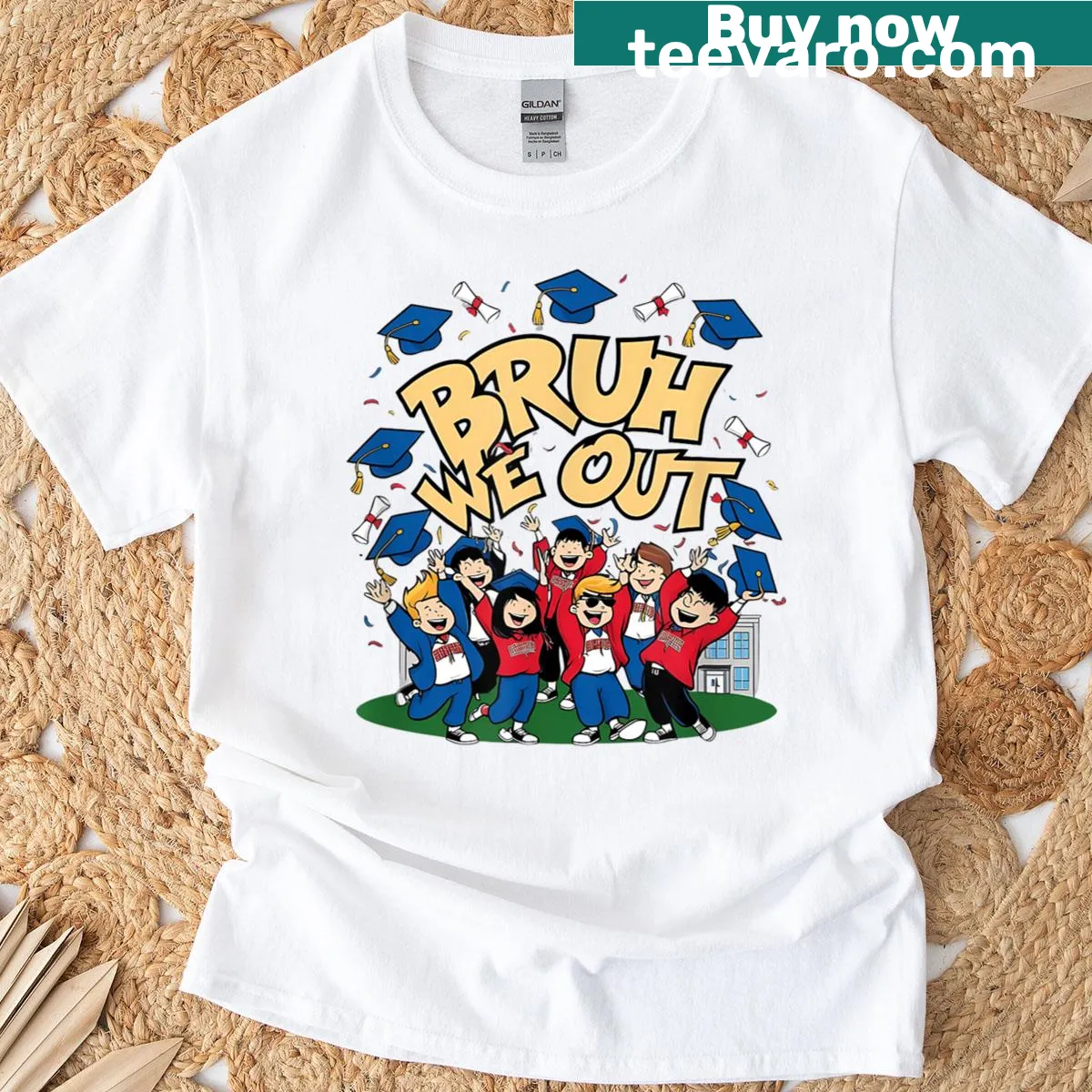 Graduation t-shirt featuring a cartoon crew celebrating — on a men's t-shirt