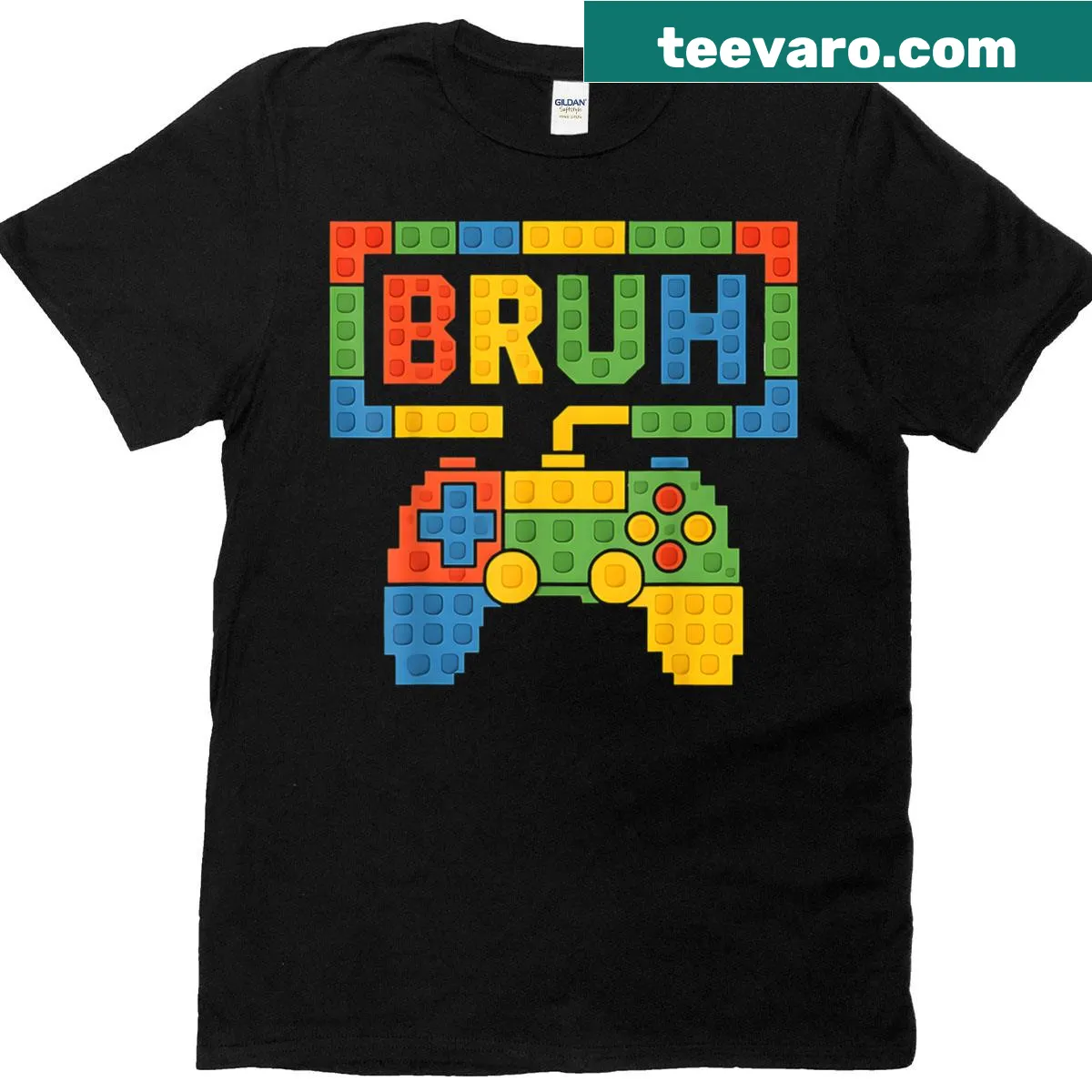Cartoon-style T-shirt featuring building blocks and gaming design — on a men's t-shirt