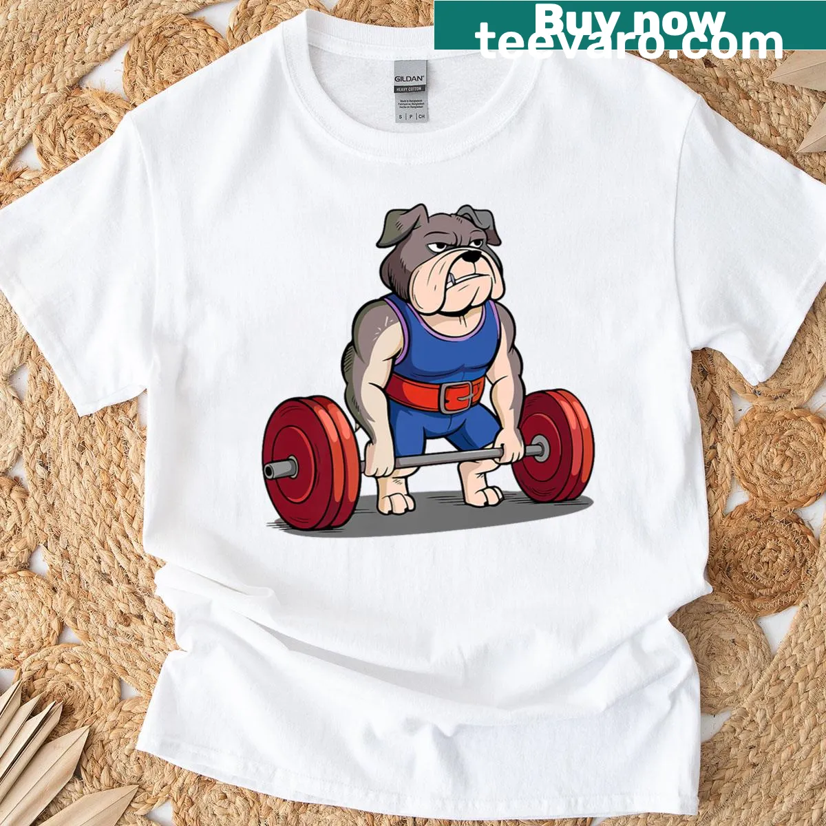 Funny T-shirt with a cartoon bulldog lifting weights. — on a men's t-shirt