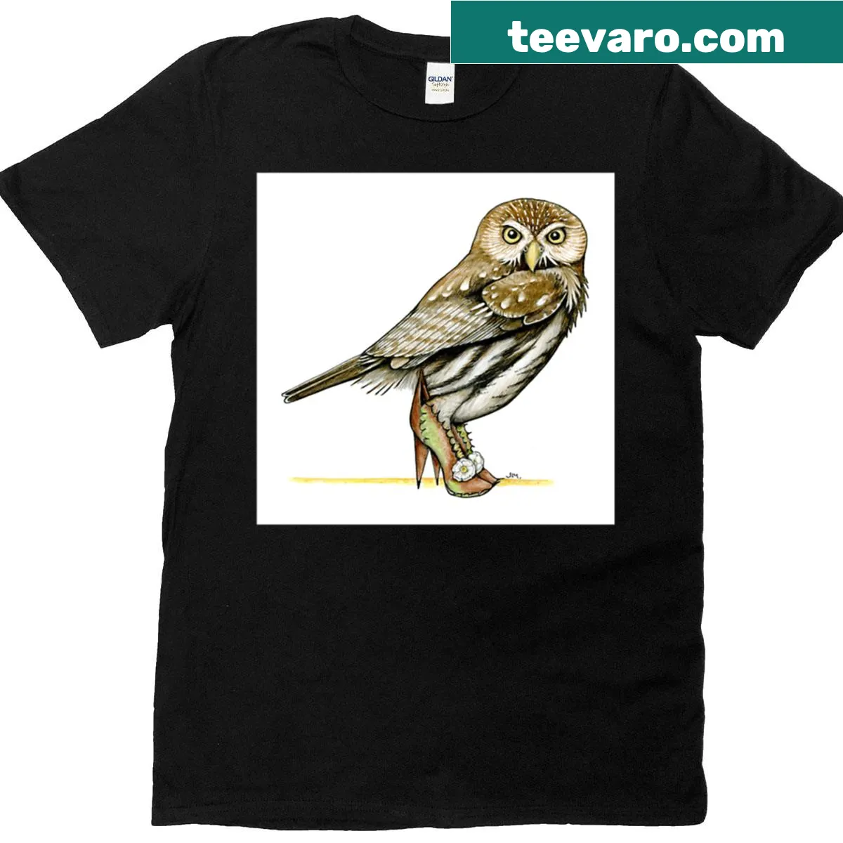 T-shirt featuring a Ferruginous Pygmy-owl in cactus shoes in a playful design — on a men's t-shirt