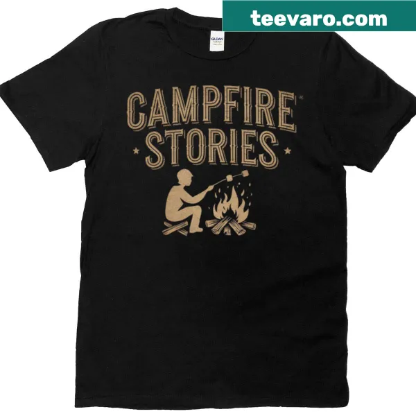T-shirt with a campfire illustration celebrating storytelling outdoors