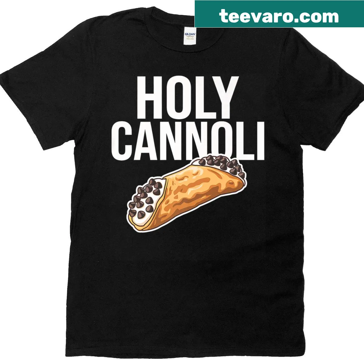 Funny T-shirt featuring the phrase 'Holy Cannoli' with cheerful dessert graphics — on a men's t-shirt