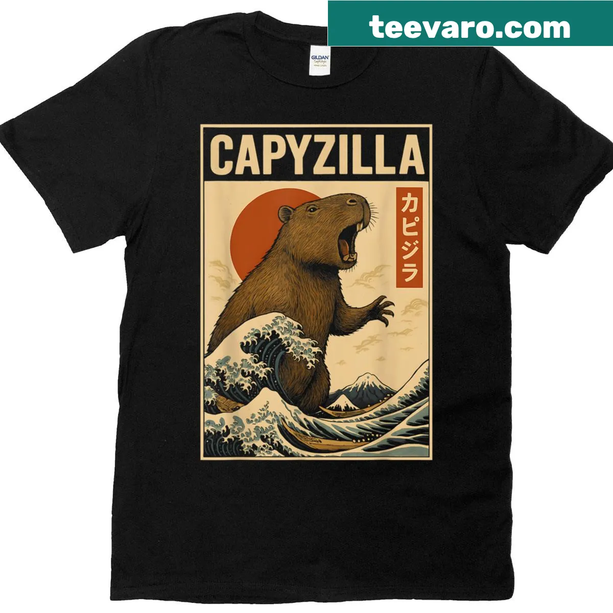 Funny Capybara Kaiju Capyzilla t-shirt with whimsical illustration — on a men's t-shirt