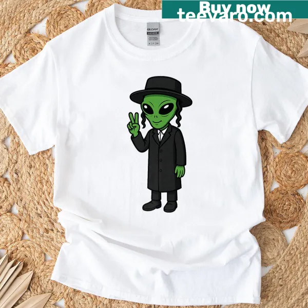 Cartoon Alien wearing Hassidic attire on a playful T-shirt