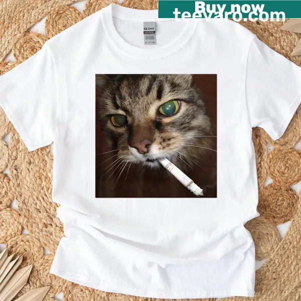 Cartoon cat smoking a cigarette in a humorous meme-themed design on a T-shirt