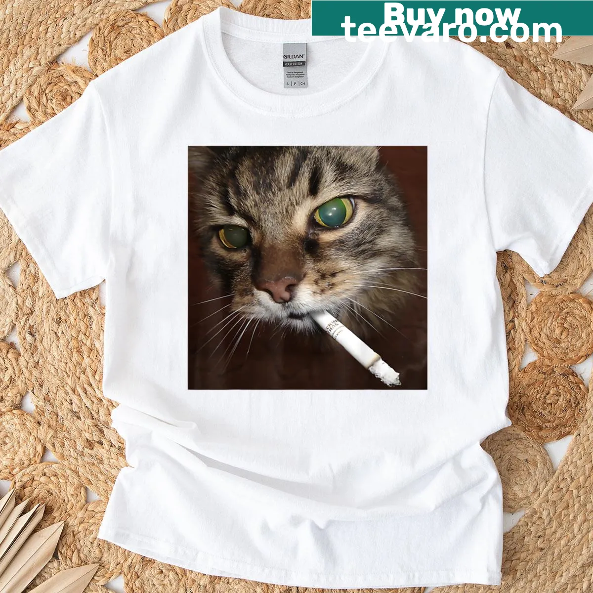 Cartoon cat smoking a cigarette in a humorous meme-themed design on a T-shirt — on a men's t-shirt