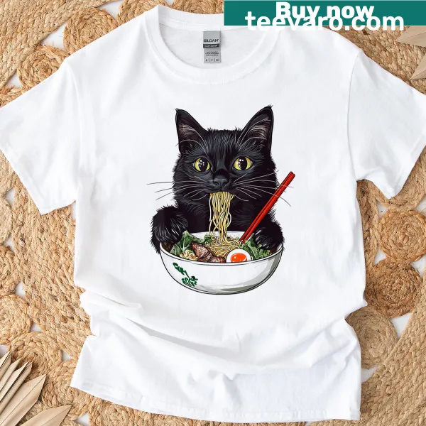 Kawaii cat enjoying ramen noodles in a playful anime style