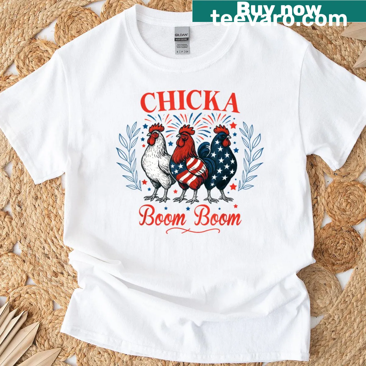 Funny patriotic chicken design for 4th of July celebration — on a men's t-shirt