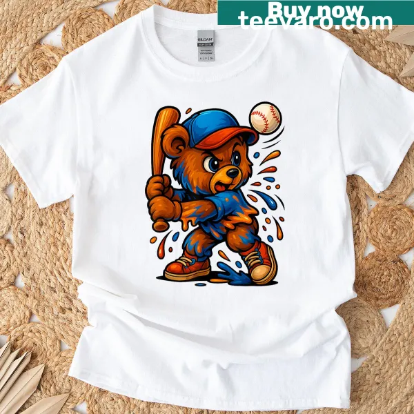 Cute teddy bear cartoon with a melting baseball graphic on a T-shirt