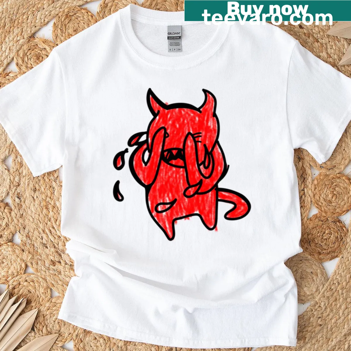 Illustration of a crying devil character on a t-shirt — on a men's t-shirt