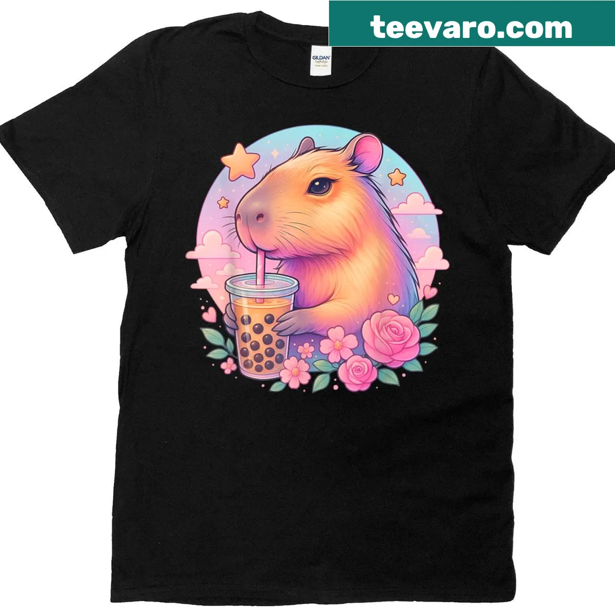 Kawaii capybara drinking bubble tea T-shirt for teens — on a men's t-shirt