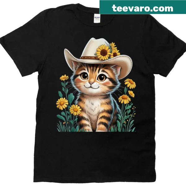 Cartoon cat in cowboy hat with sunflowers on a T-shirt