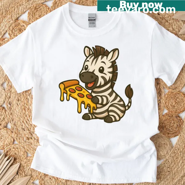 Cartoon zebra enjoying pizza on a T-shirt