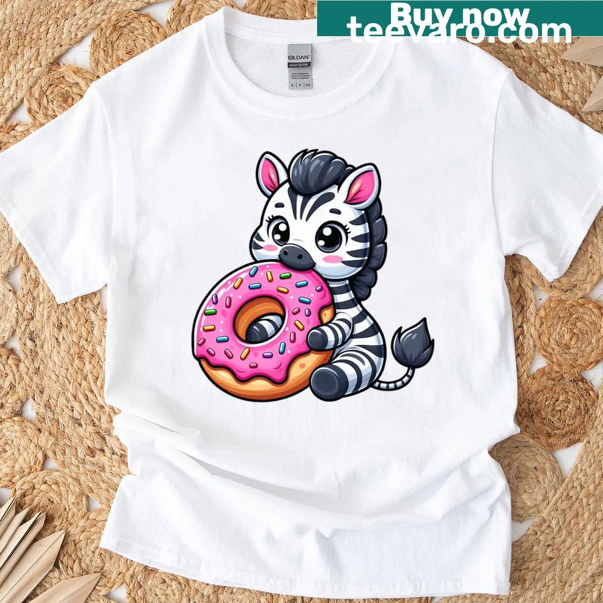 Cartoon zebra with donut on a T-shirt — on a men's t-shirt