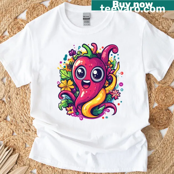 Cartoon chili character surrounded by whimsical flowers