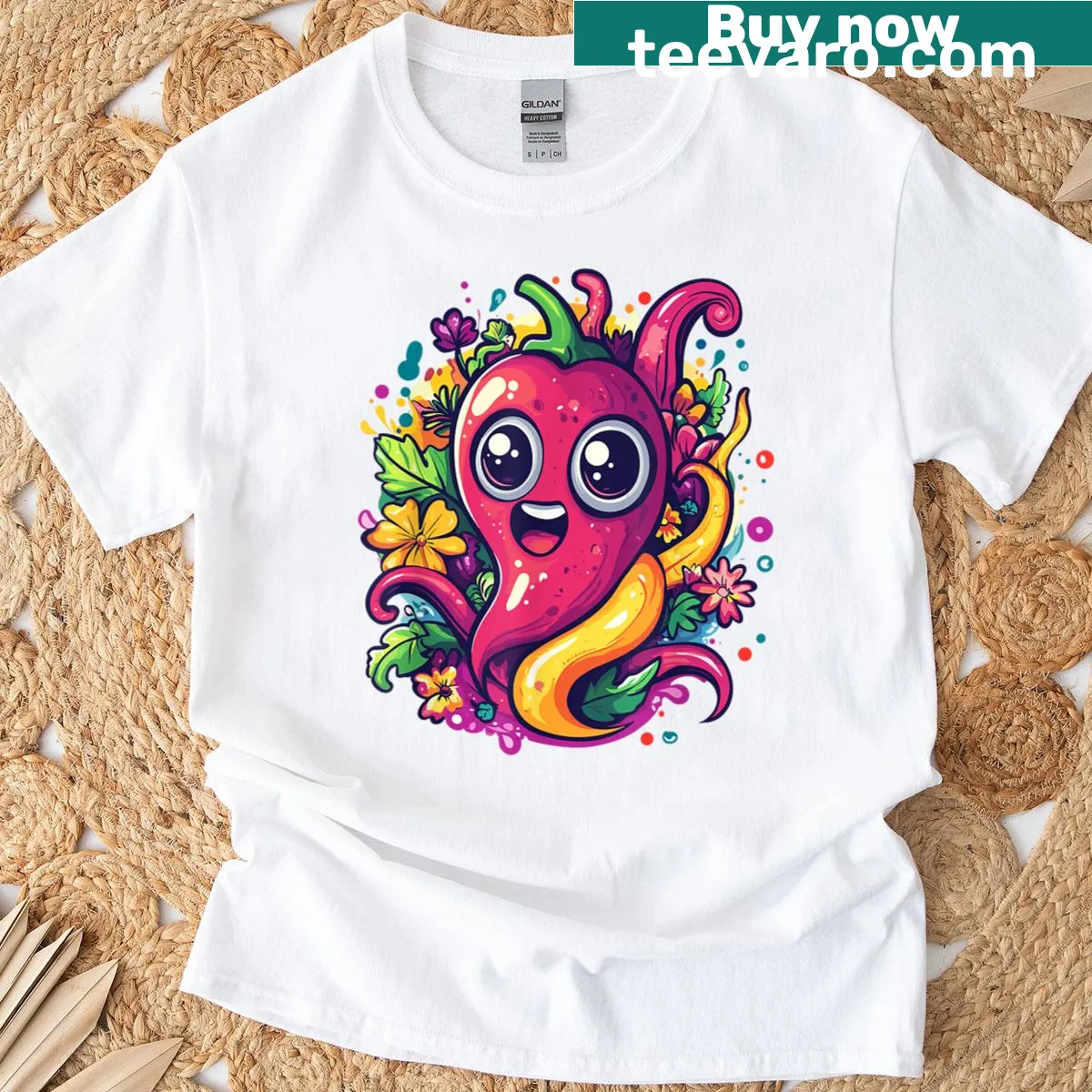 Cartoon chili character surrounded by whimsical flowers — on a men's t-shirt