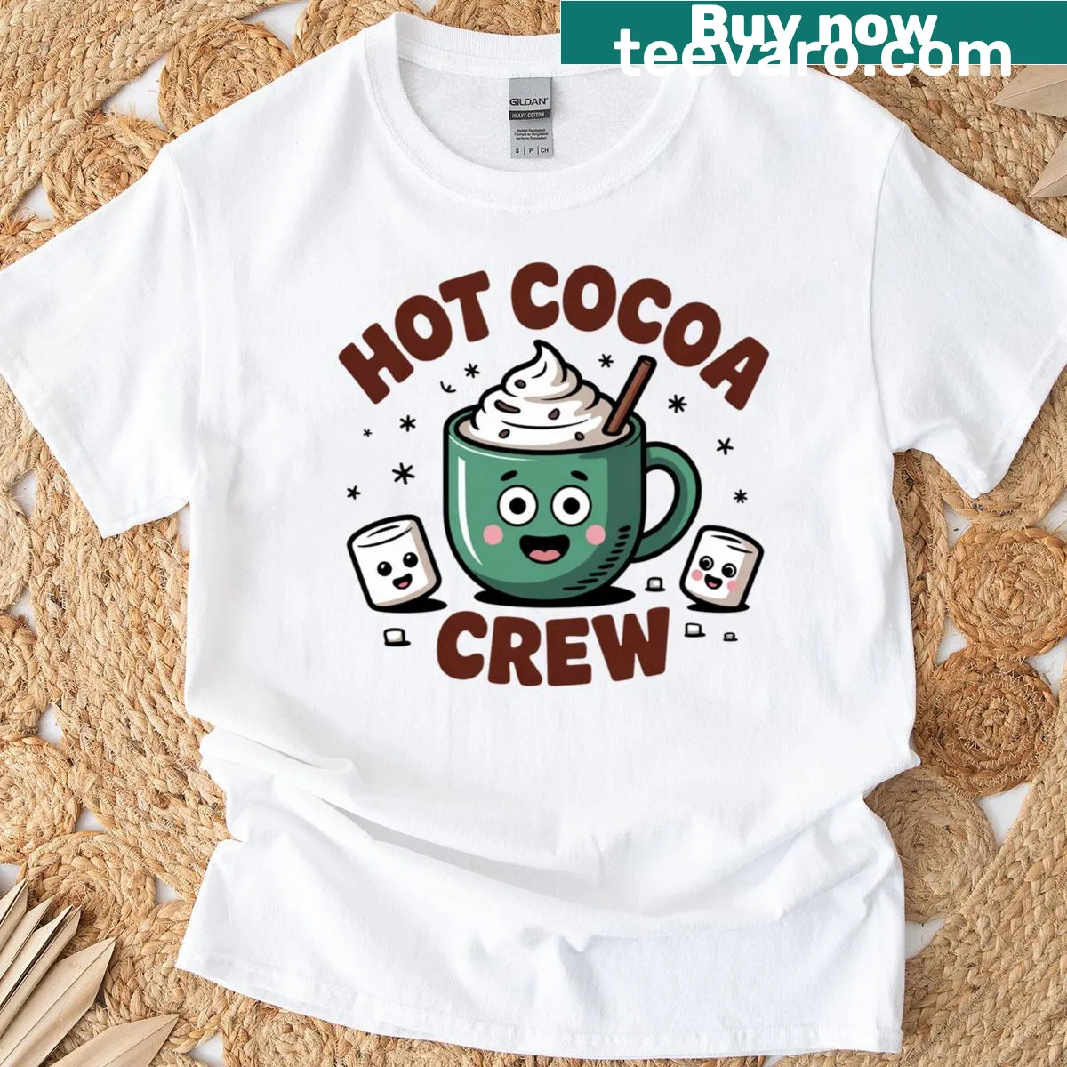 Cartoon cocoa cup with marshmallows in a cozy design — on a men's t-shirt