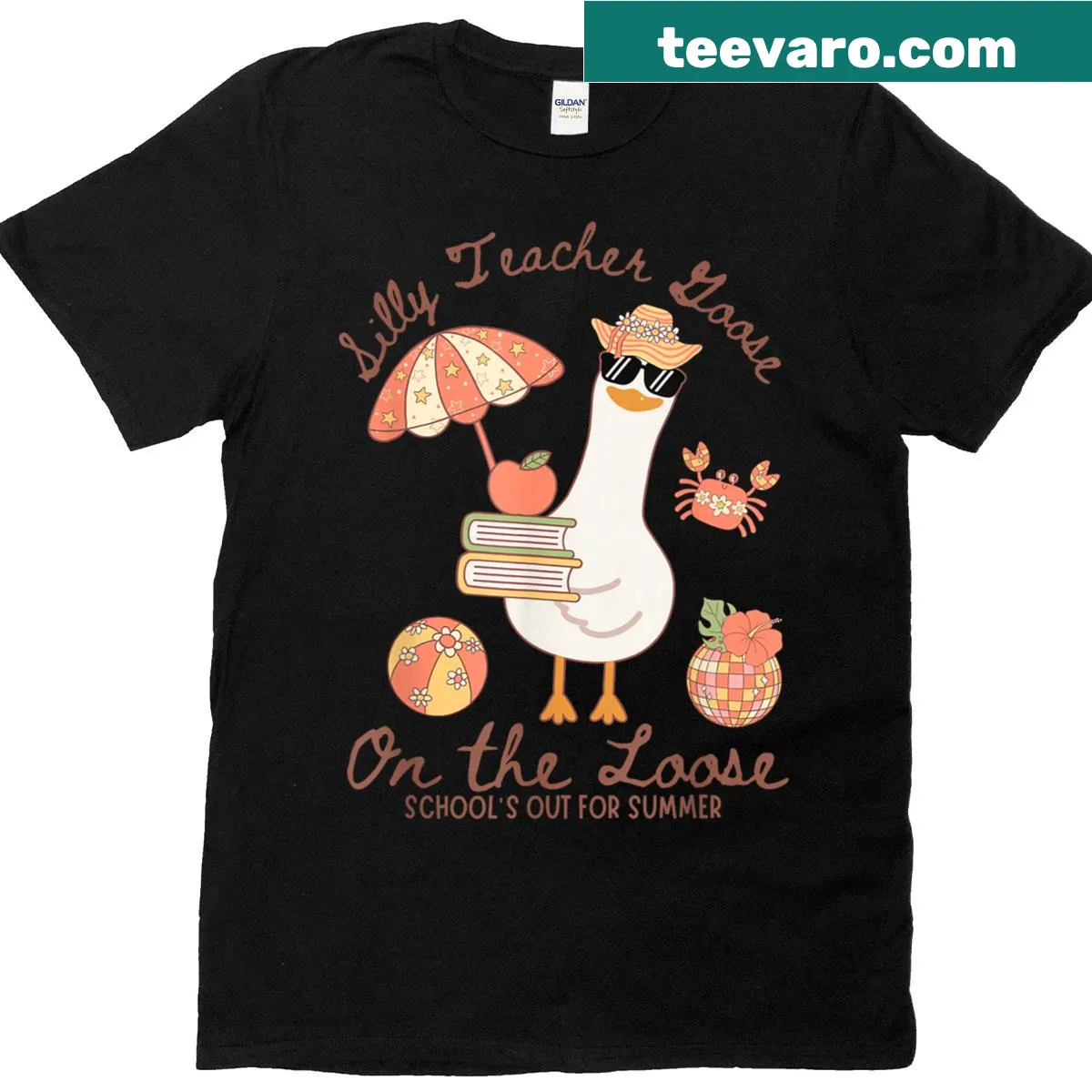Funny teacher T-shirt with cartoon goose and summer theme — on a men's t-shirt