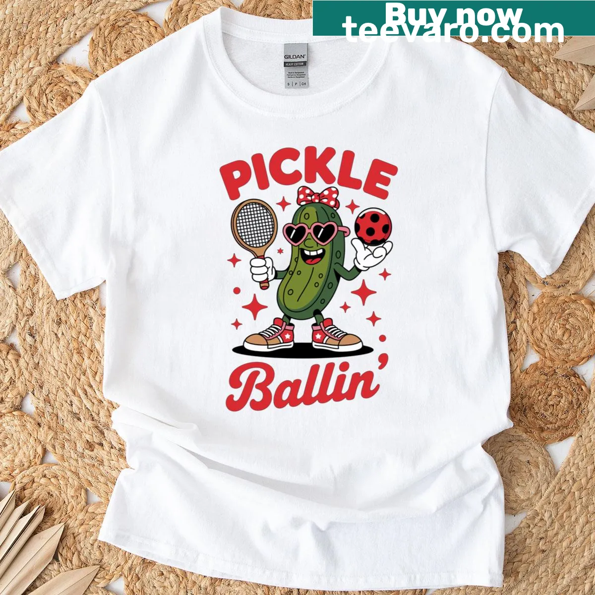 Cartoon pickle character for a funny pickleball mom design — on a men's t-shirt