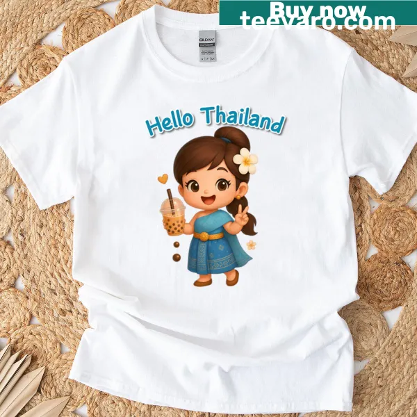 Cute Thai girl holding bubble tea in a fun cartoon style