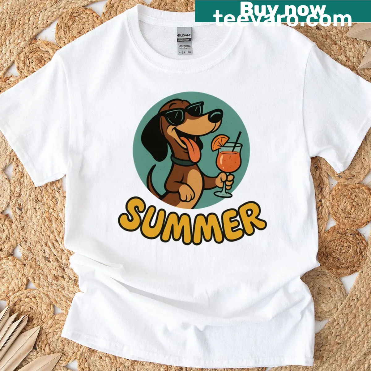 Vintage-style t-shirt with a funny dachshund cartoon for dog lovers. — on a men's t-shirt