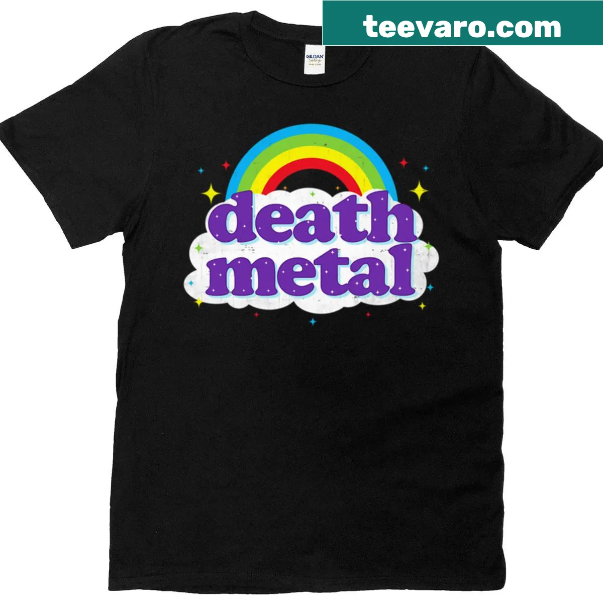 Edgy death metal-themed T-shirt with a rainbow design — on a men's t-shirt