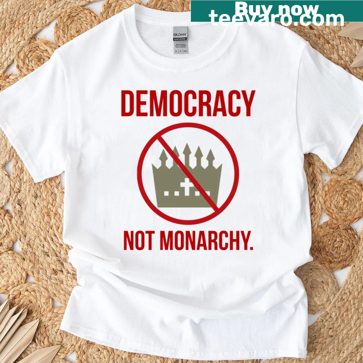 Bold Democracy Not Monarchy graphic t-shirt — on a men's t-shirt