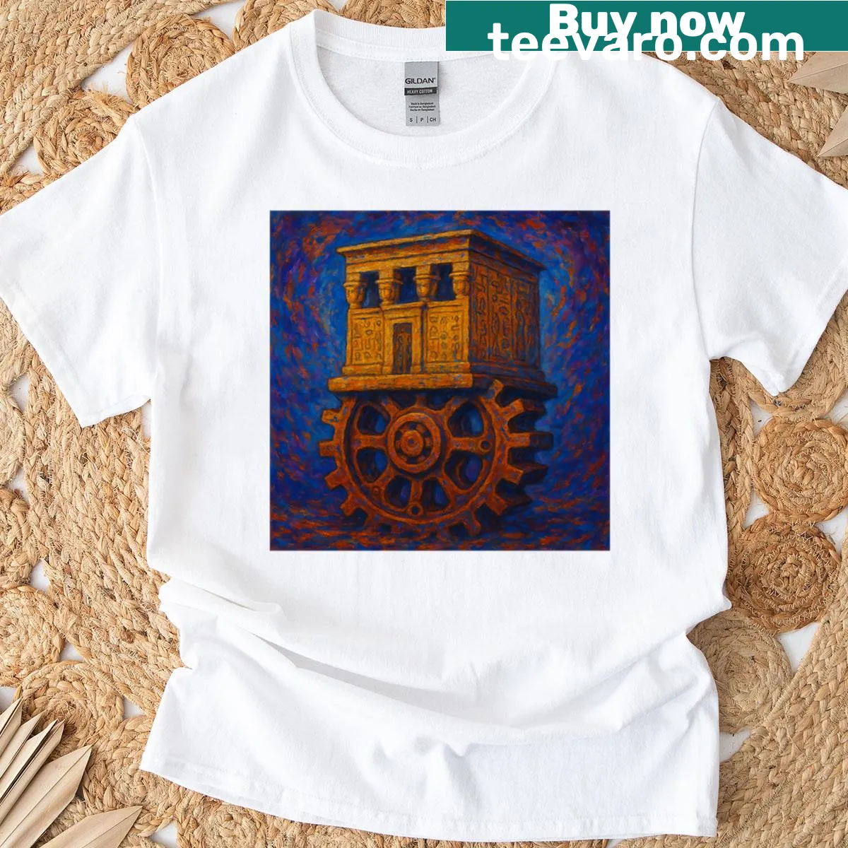 Dendera Temple design integrated with an eternal gear motif for an intriguing look — on a men's t-shirt