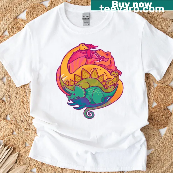 Cartoon dinosaur with a rainbow on a whimsical t-shirt