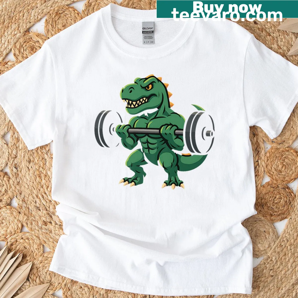 Cartoon dinosaur lifting weights on a gym t-shirt — on a men's t-shirt