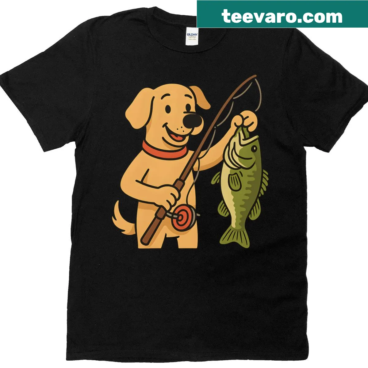 Cartoon dog fishing with bass fish graphic T-shirt — on a men's t-shirt