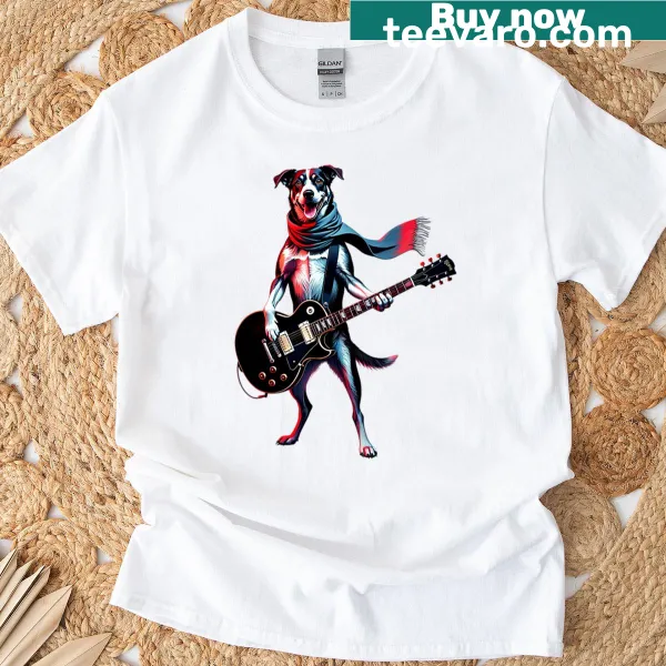 Illustration of a dog playing guitar, blending music and pet love