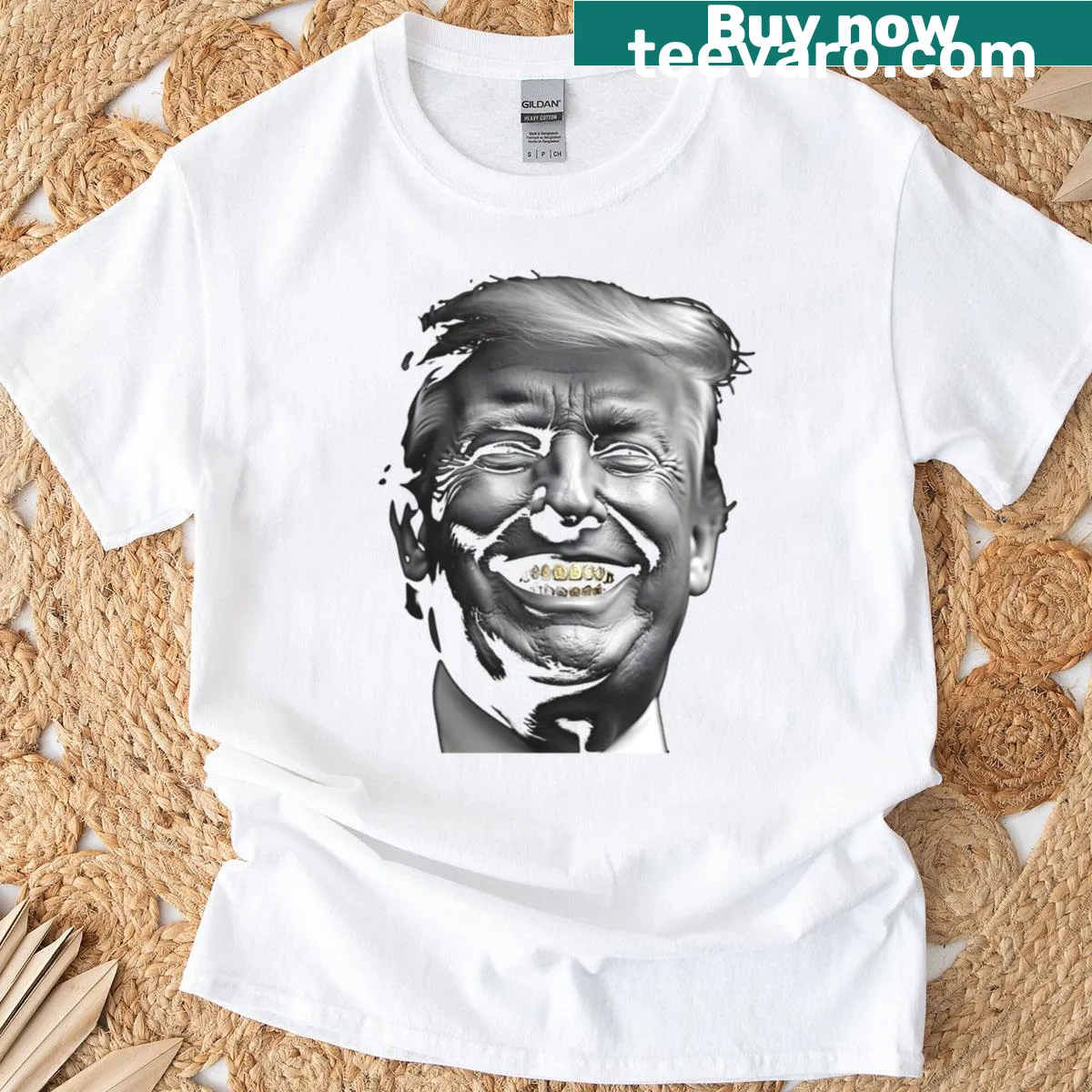 Black and white Trump portrait T-shirt with gold grills — on a men's t-shirt