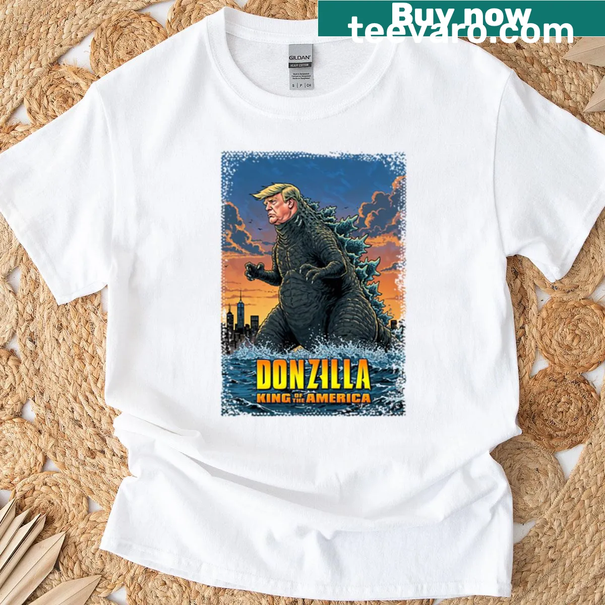 Oversized T-shirt with illustration of Donald Trump as Godzilla — on a men's t-shirt
