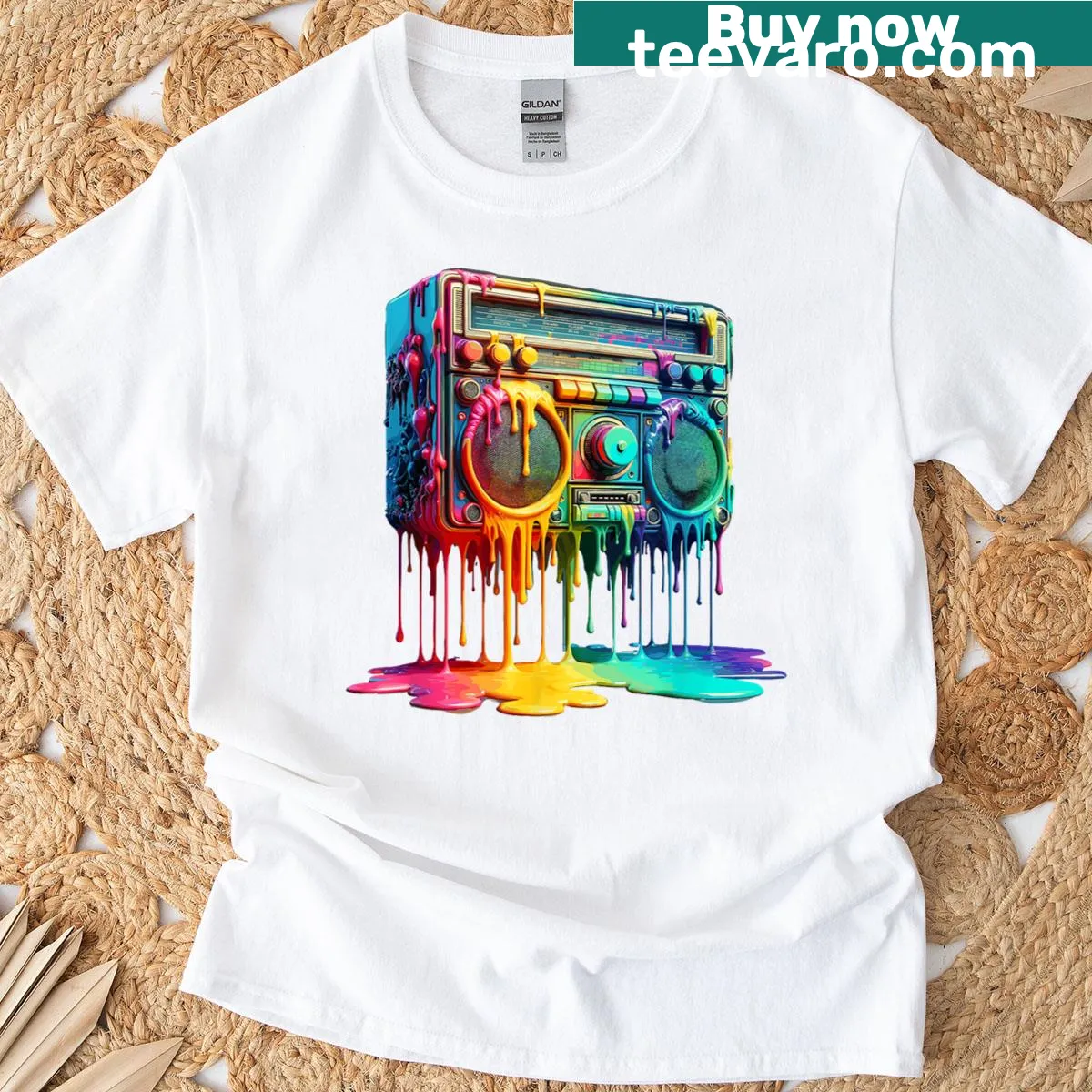 T-shirt with dripping paint boombox design celebrating 80s music — on a men's t-shirt
