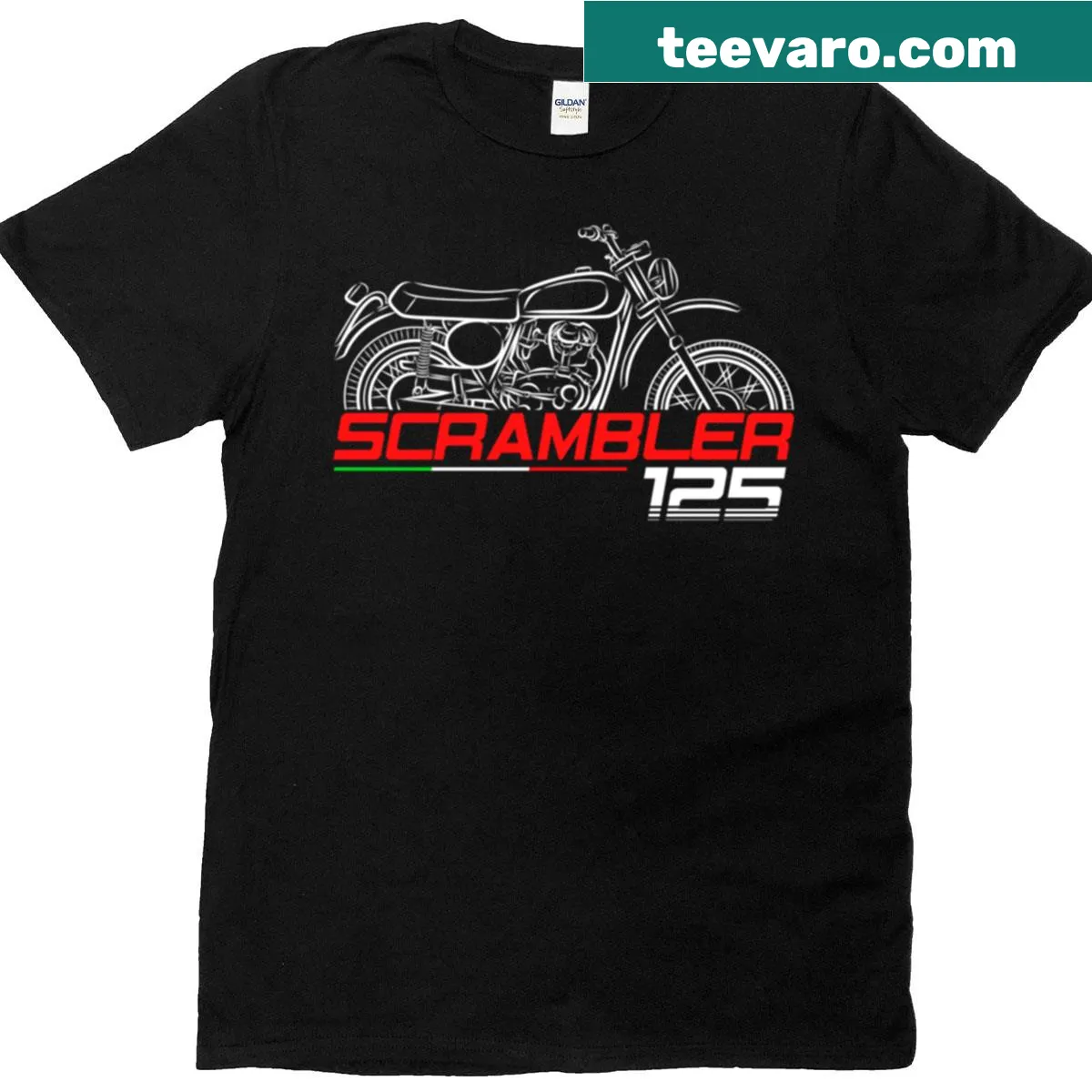 Ducati 125 Scrambler illustration T-shirt for motorcycle enthusiasts. — on a men's t-shirt